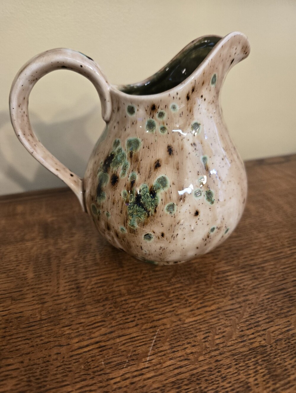 Vintage Heidi Signed Studio Pottery Pitcher Creamer Green Beige Mottled Drip Gla